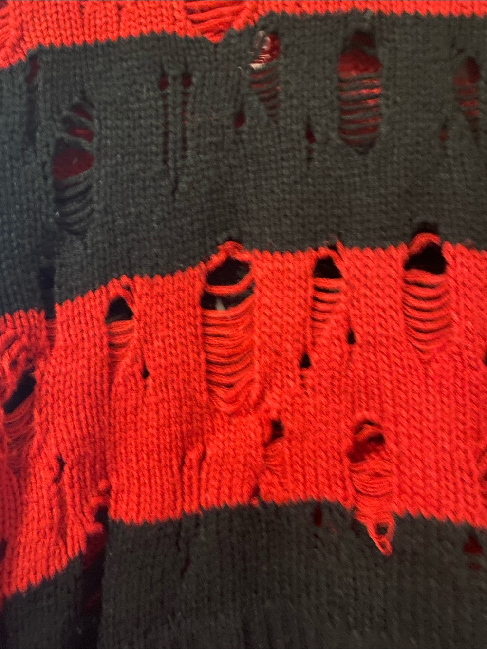Goth Distressed Freddy Krueger Vibe Red & Black Striped Cropped Sweater - Picture 3 of 11